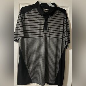 Michael Strahan Black and Gray Striped Polo Shirt